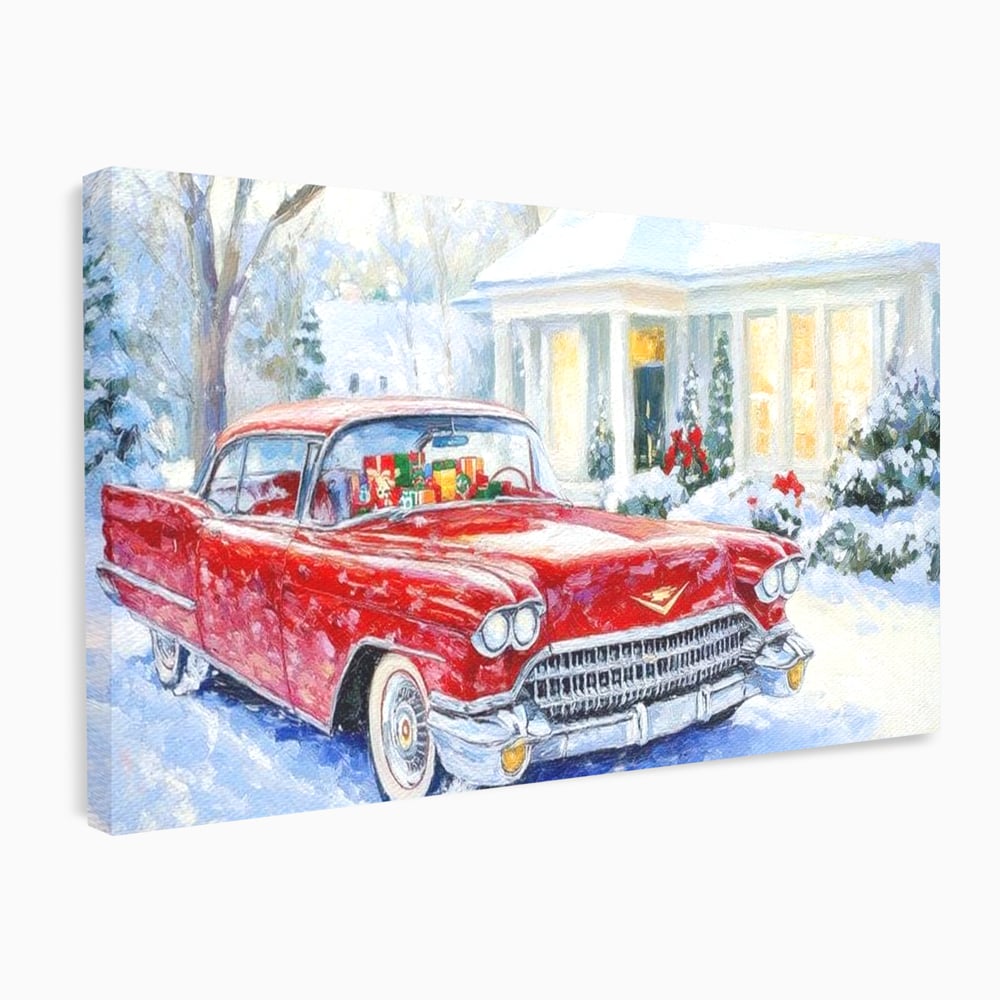 Tablou canvas cu tablou canvas cu masina vintage rosie iarna, fara rama, pe sasiu de lemn